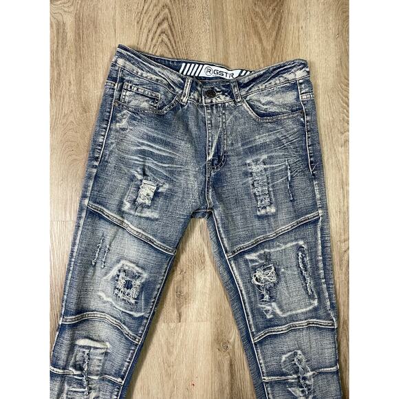 GSTR‎ Men’s Distressed Slim Fit Biker Moto Jeans Blue Stretch Denim Y2K 30 - Picture 3 of 9